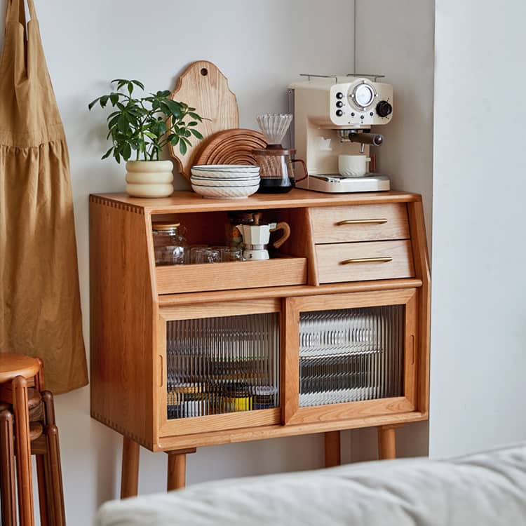 Stunning Cherry Wood Cabinet with Glass Doors and Copper Accents - Premium Plywood Construction hykmq-795