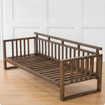 Stylish Dark Brown Sofa with Natural Oak Wood Accents in Grey, Beige, Pink, Yellow, and Light Blue Options hym-1531