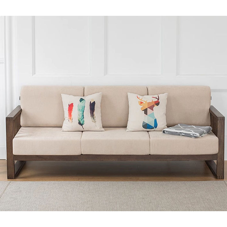 Stylish Dark Brown Sofa with Natural Oak Wood Accents in Grey, Beige, Pink, Yellow, and Light Blue Options hym-1531