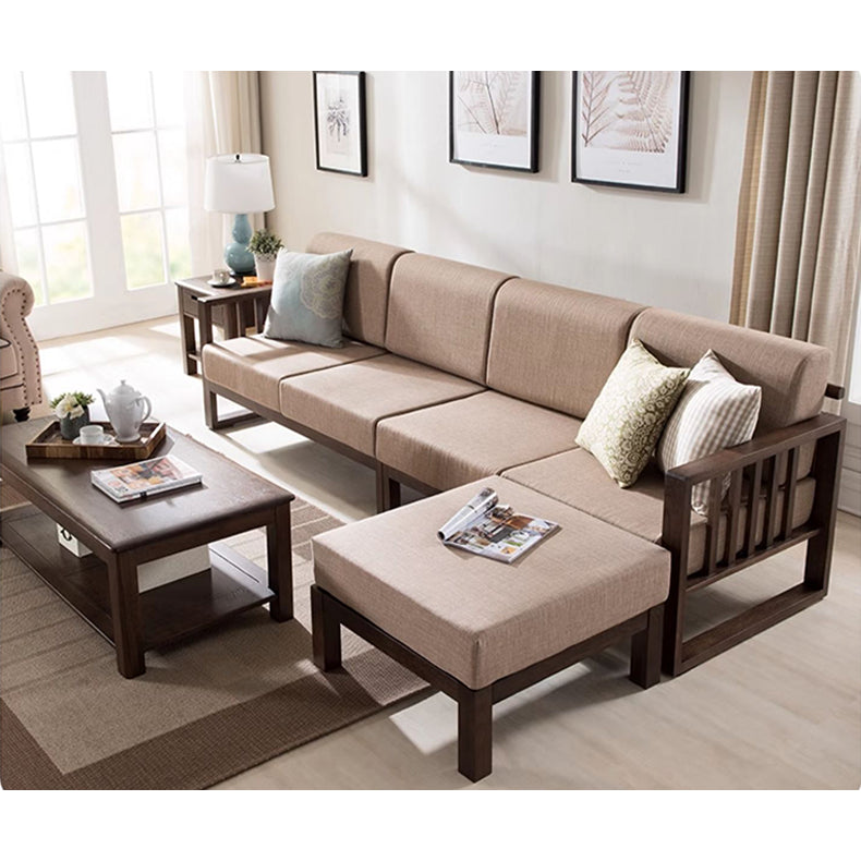 Stylish Dark Brown Sofa with Natural Oak Wood Accents in Grey, Beige, Pink, Yellow, and Light Blue Options hym-1531
