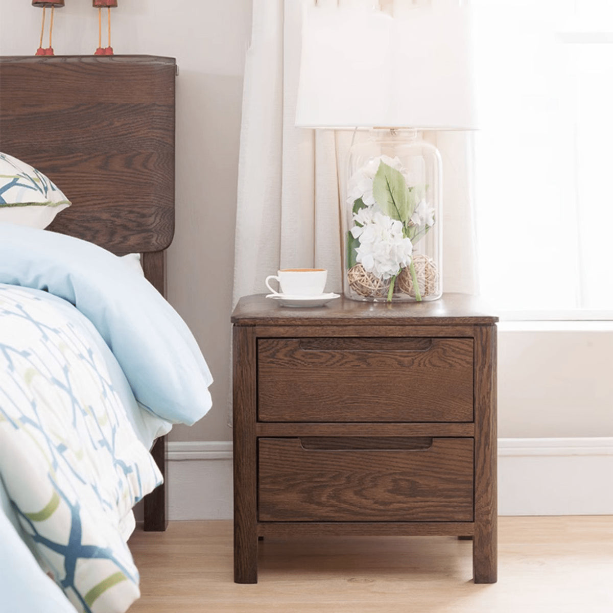 Natural Brown Oak & Tung Wood Bedside Cupboard - Stylish & Durable Nightstand hym-473