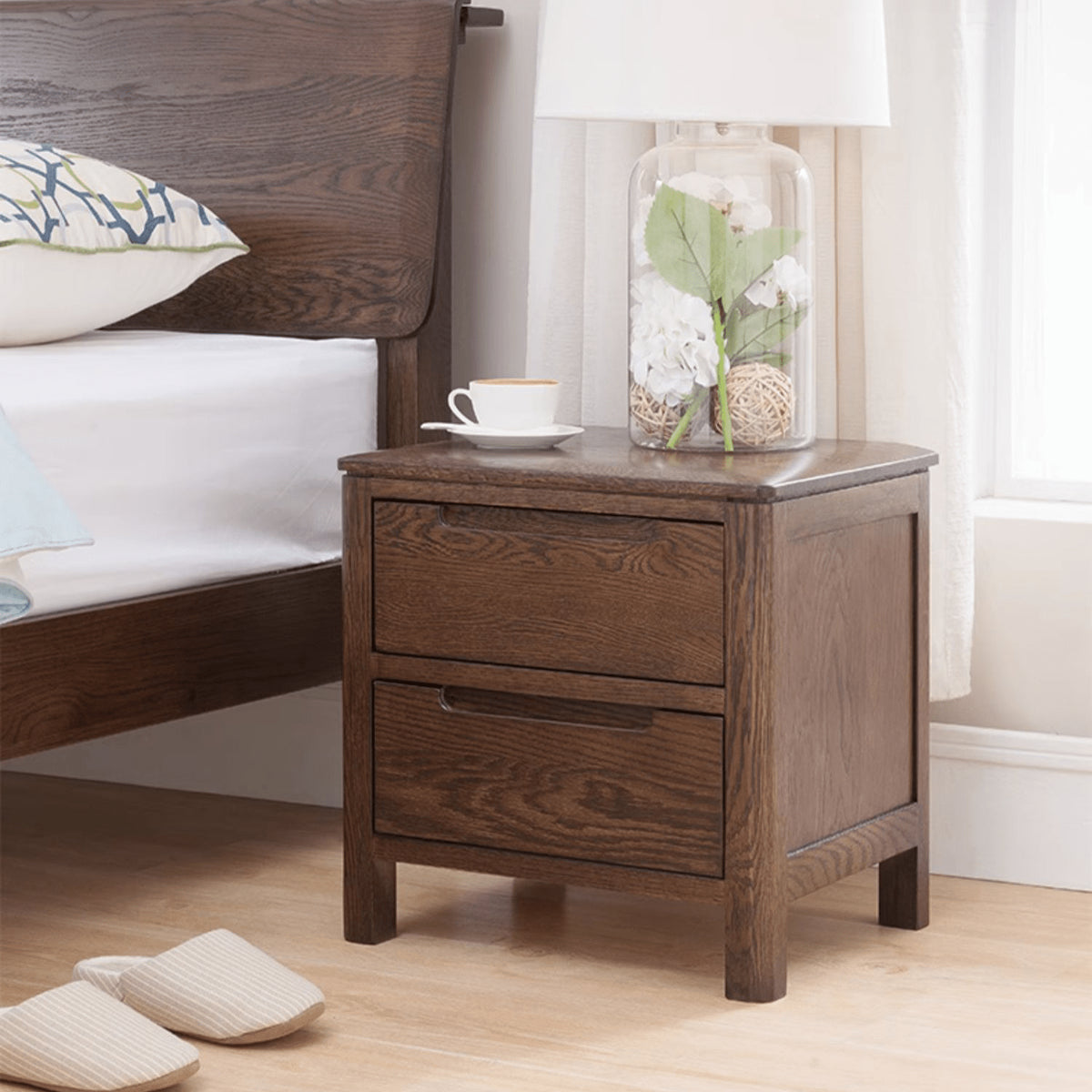 Natural Brown Oak & Tung Wood Bedside Cupboard - Stylish & Durable Nightstand hym-473