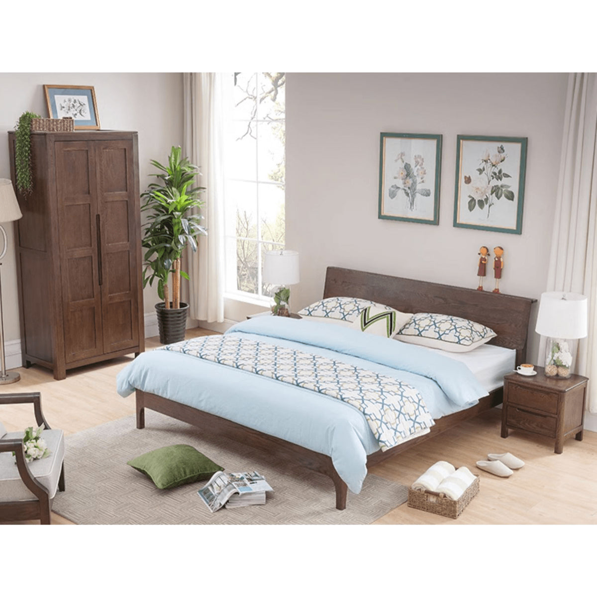 Natural Brown Oak & Tung Wood Bedside Cupboard - Stylish & Durable Nightstand hym-473