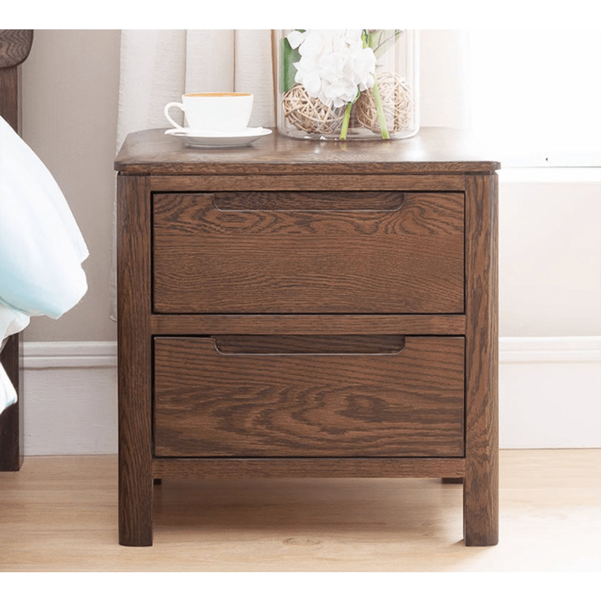 Natural Brown Oak & Tung Wood Bedside Cupboard - Stylish & Durable Nightstand hym-473