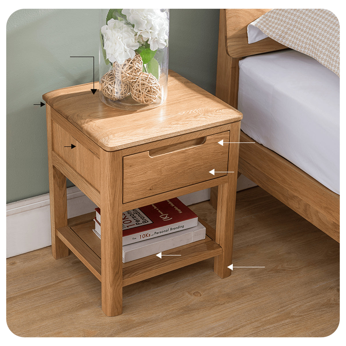 Natural Brown Oak & Tung Wood Bedside Cupboard - Stylish & Durable Nightstand hym-473