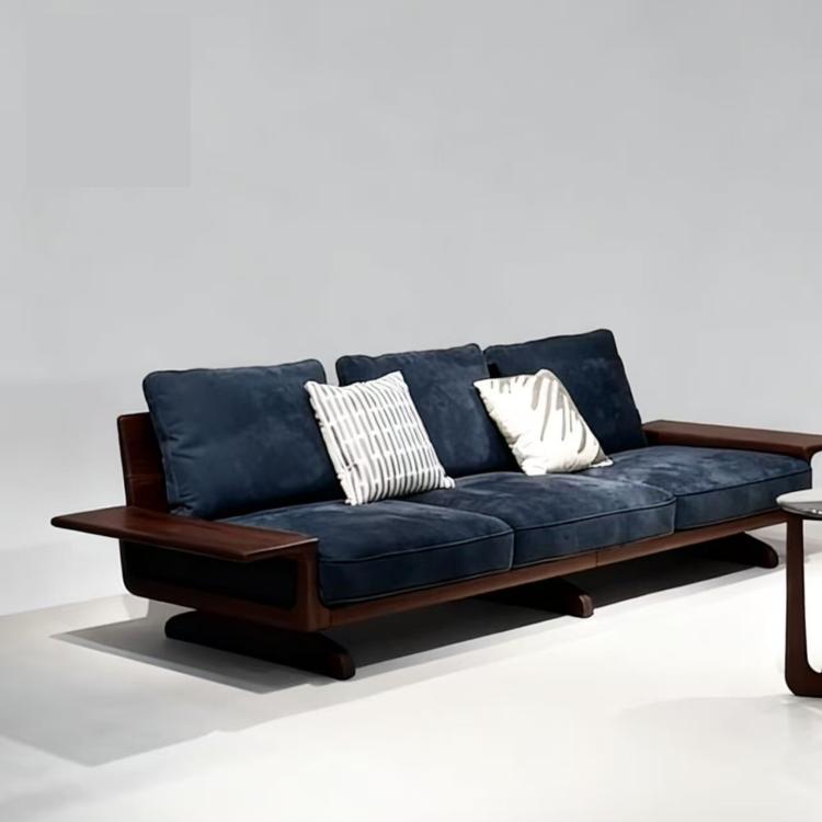 Mid-Century Modern Black Walnut Solid Wood Fabric Sofa, Straight-Line Luxury Living Room Couch hz-0203-38