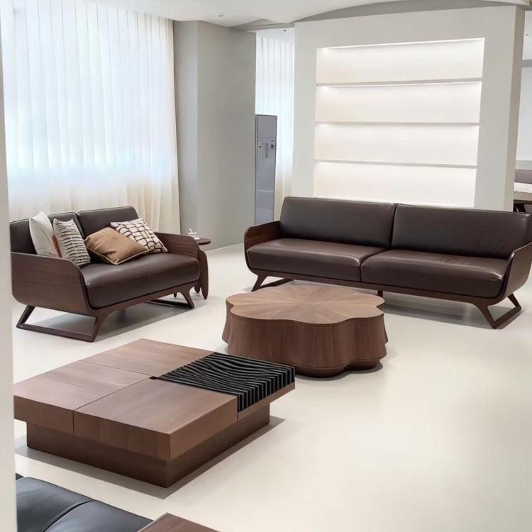 Black Walnut Solid Wood Leather Sofa | Modern Luxury Office Style hz-0203-40