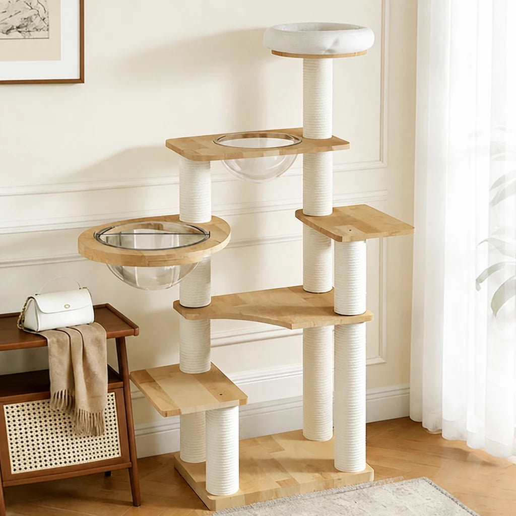 Solid Wood Cat Tree with Scratching Post and Hideaway