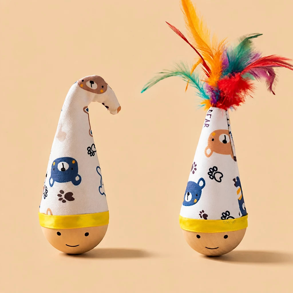 Beechwood Wobble Cat Toys with Feather and Twist Designs