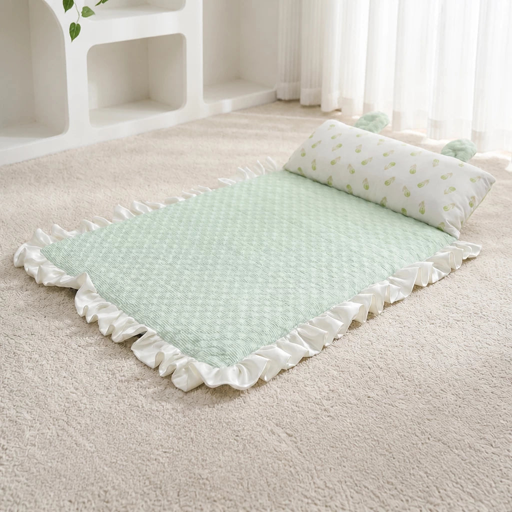 Cotton-Linen Pet Mat with Bunny-Ear Pillow for Cats and Dogs