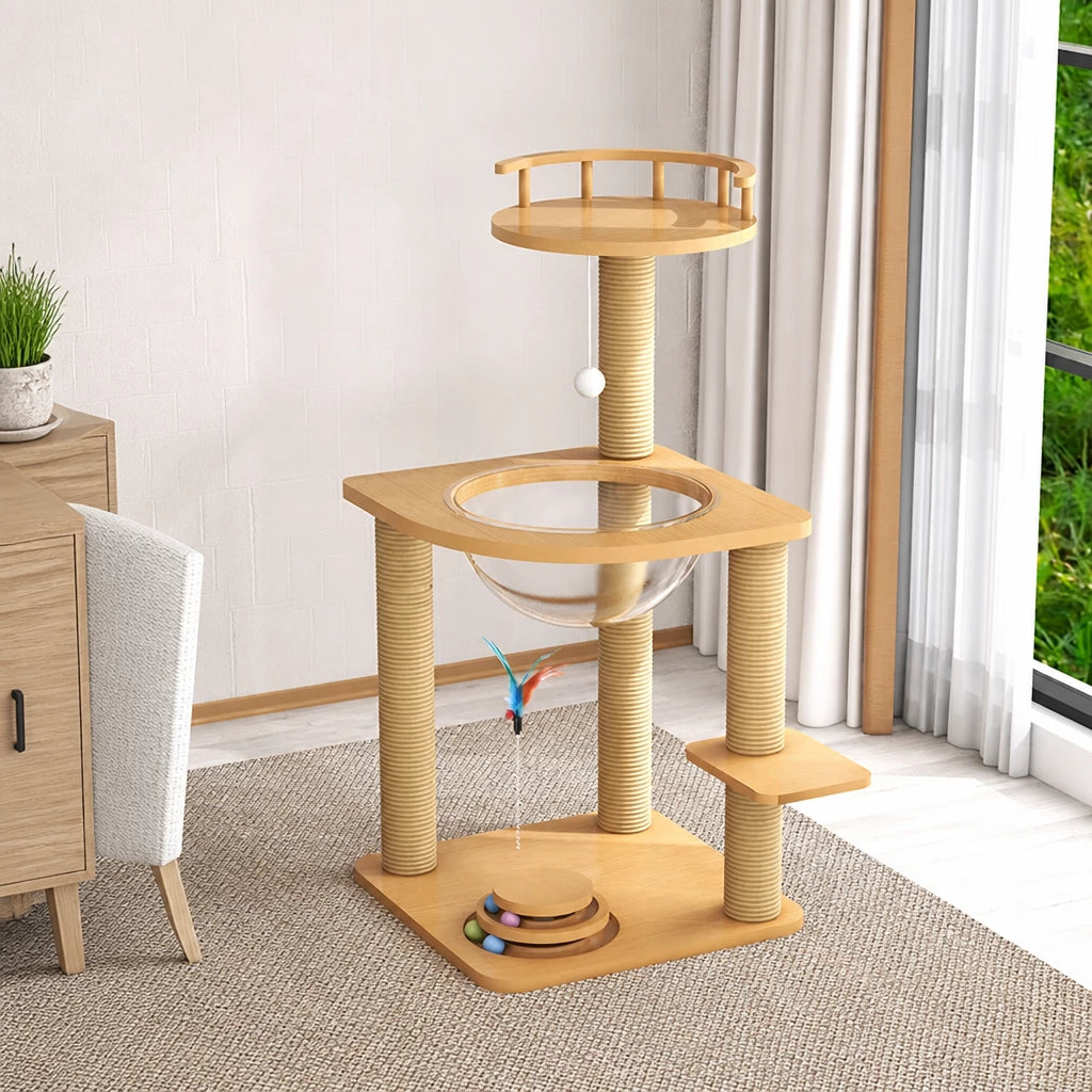 Cat Tree with Enclosed Cat House and Scratching Board