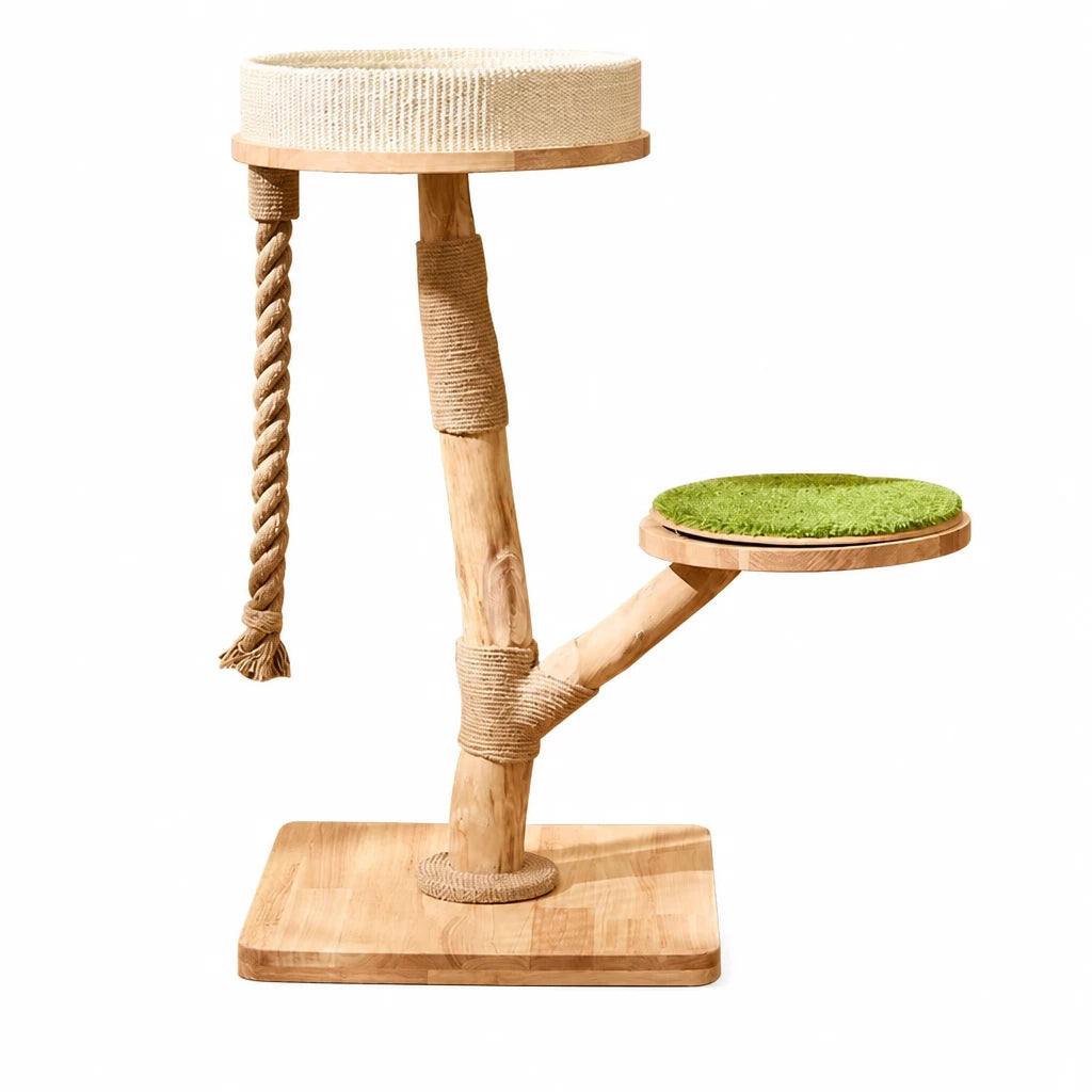 Solid Wood Cat Tree with Cat House and Hanging Basket