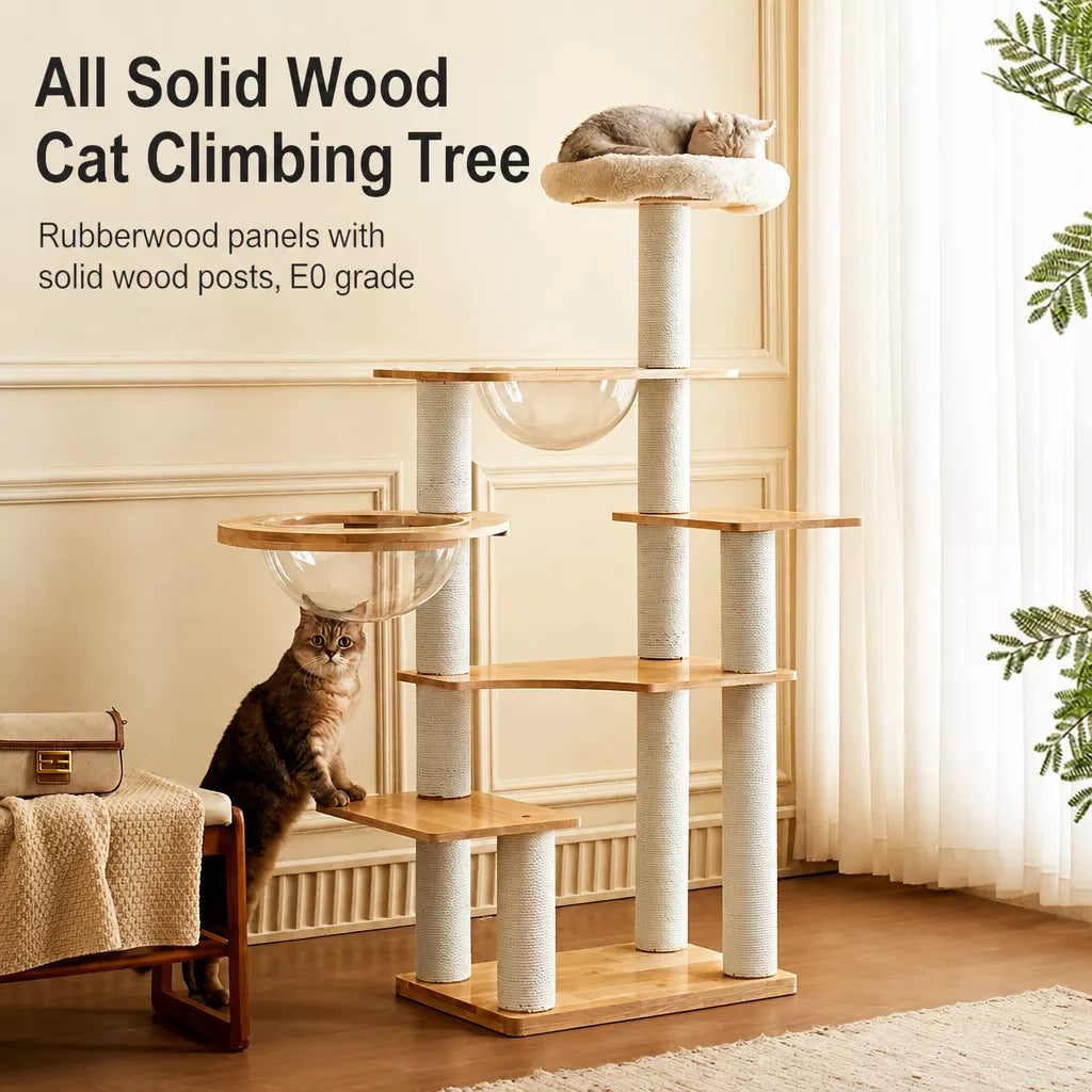 Solid Wood Cat Tree with Scratching Post and Hideaway