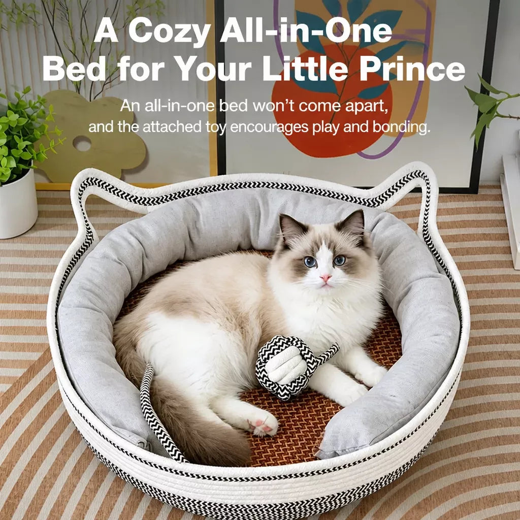 Enclosed Cat Bed with Scratching Pad and Removable Cushion