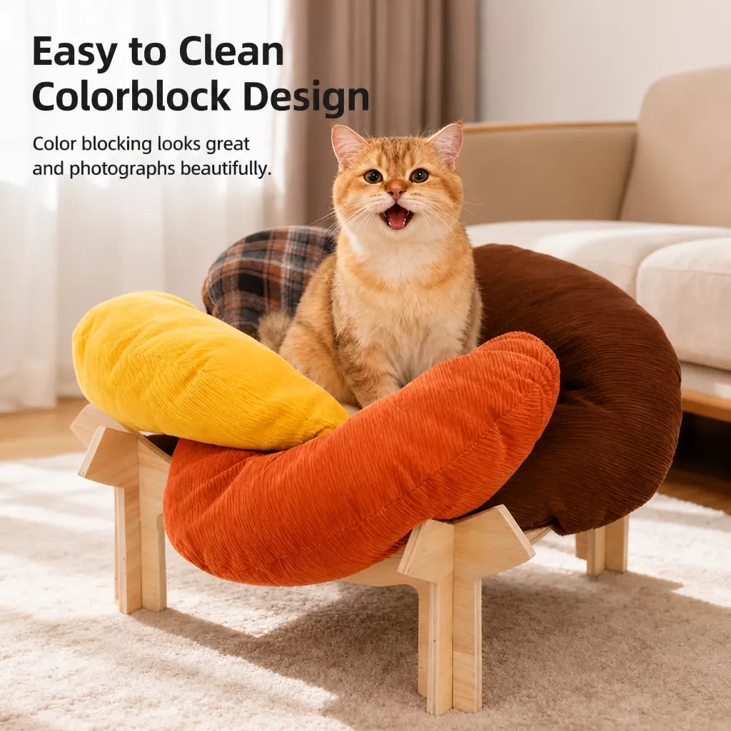 Flower-Shaped Cat & Small Dog Bed with Solid Wood Stand