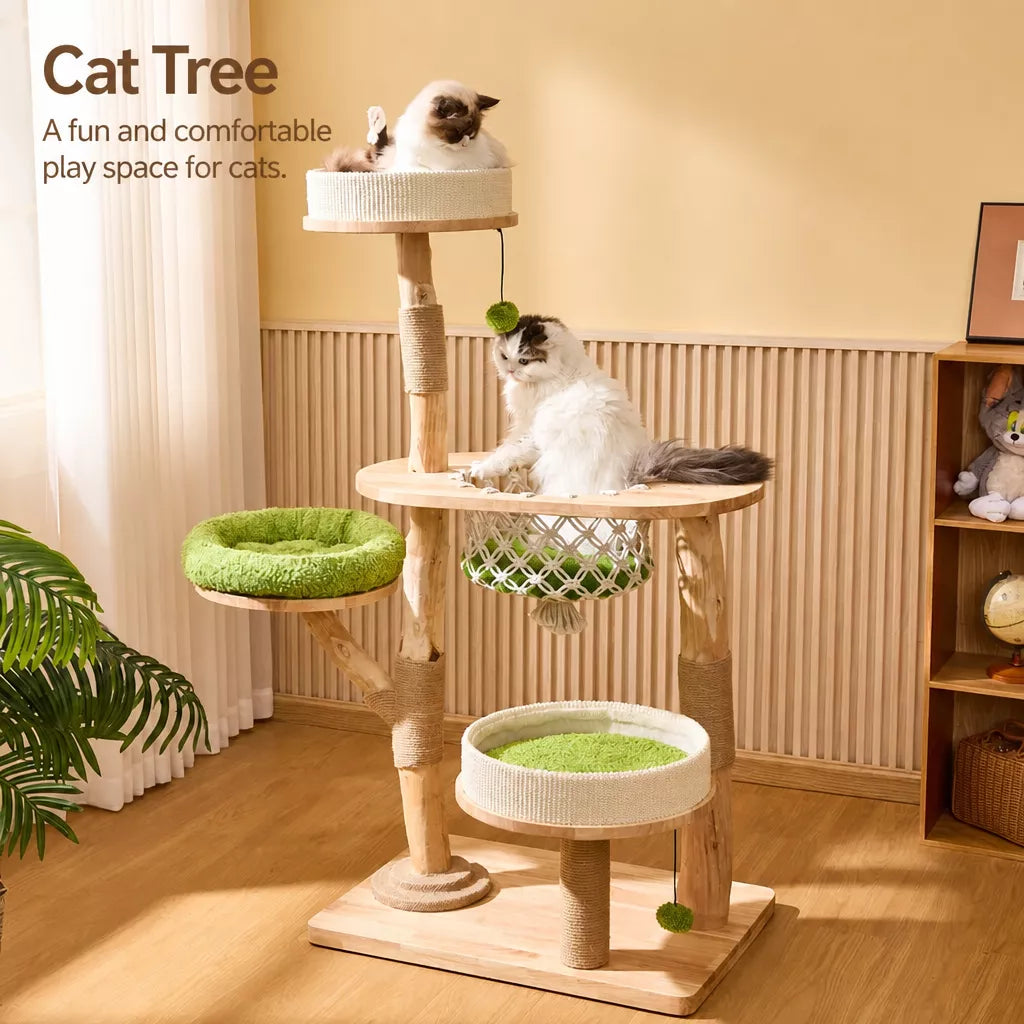 Solid Wood Cat Tree with Cat House and Hanging Basket