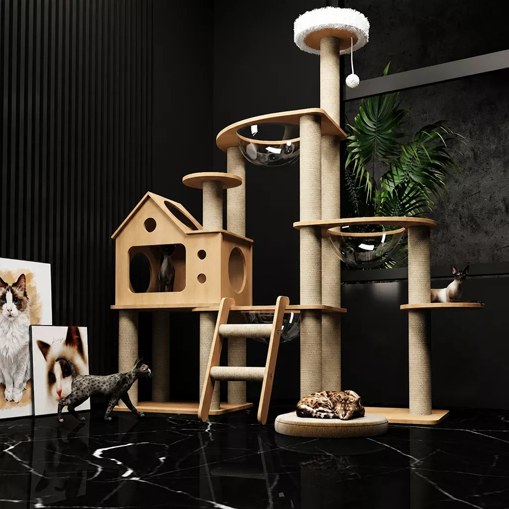 Solid Wood Cat Tree with Hideaway and Scratching Posts