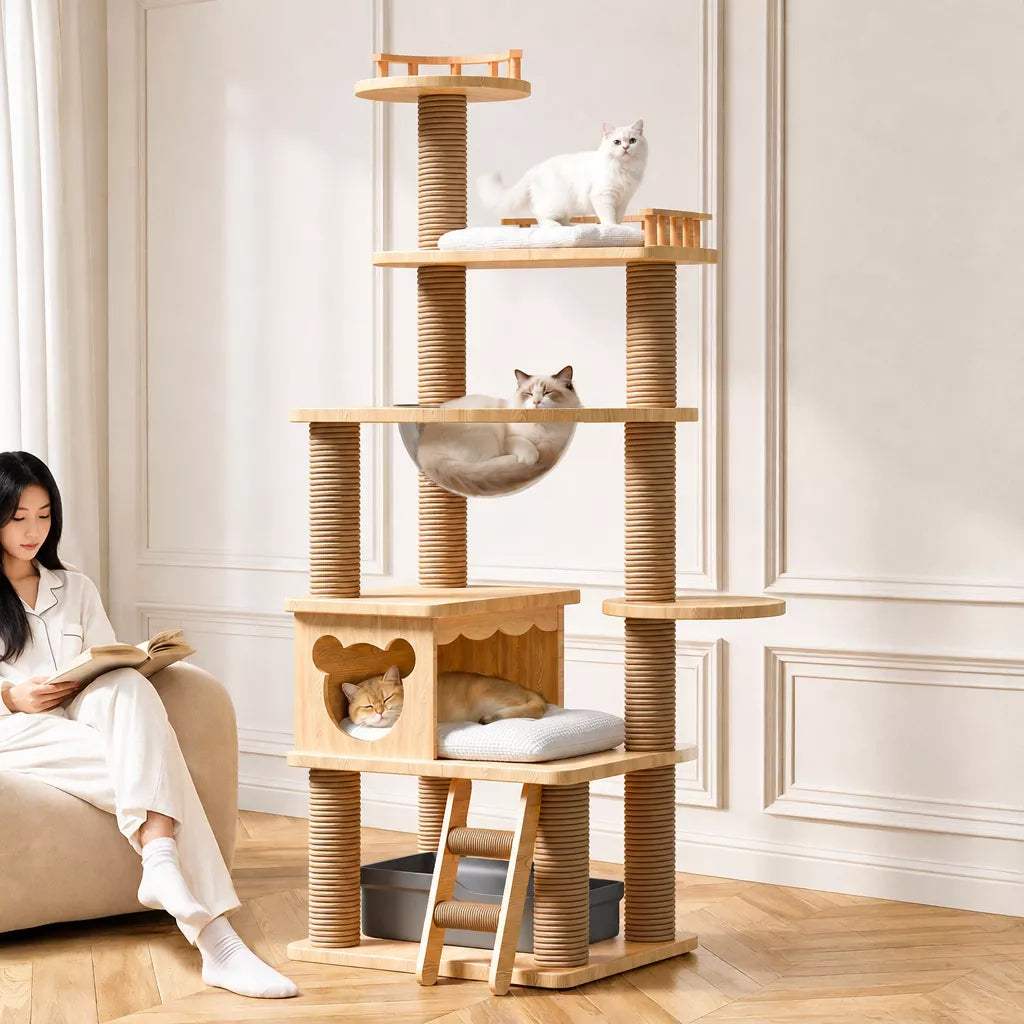 Solid Wood Cat Tree with Hideaways, Perches and a Scratch Toy