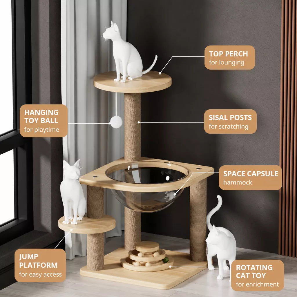 Space Pod Cat Tree with Scratching Post and Play Wheel