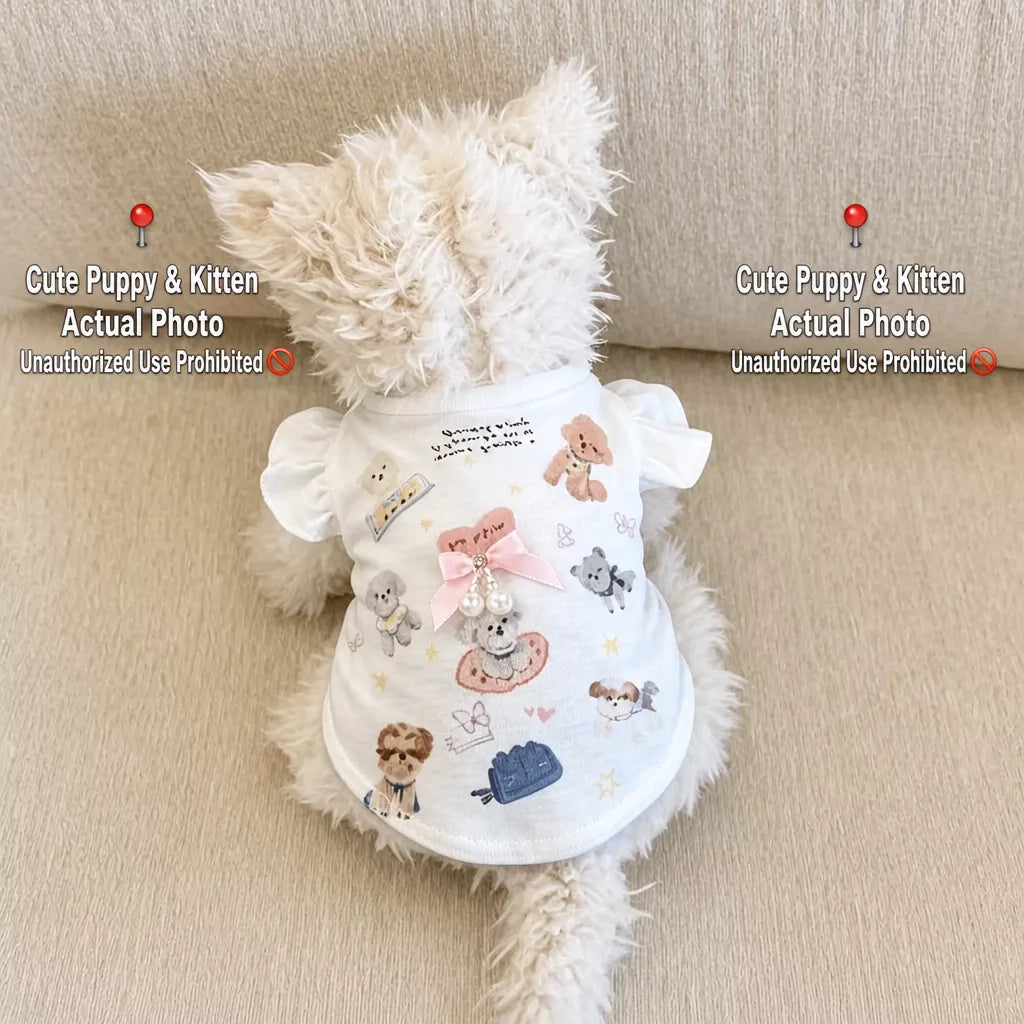 Printed Bow Flutter-Sleeve Pet Shirt for Small Dogs