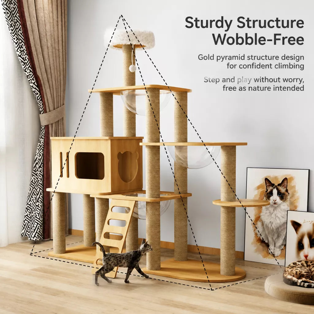 Solid Wood Cat Tree with Hideaway and Scratching Posts