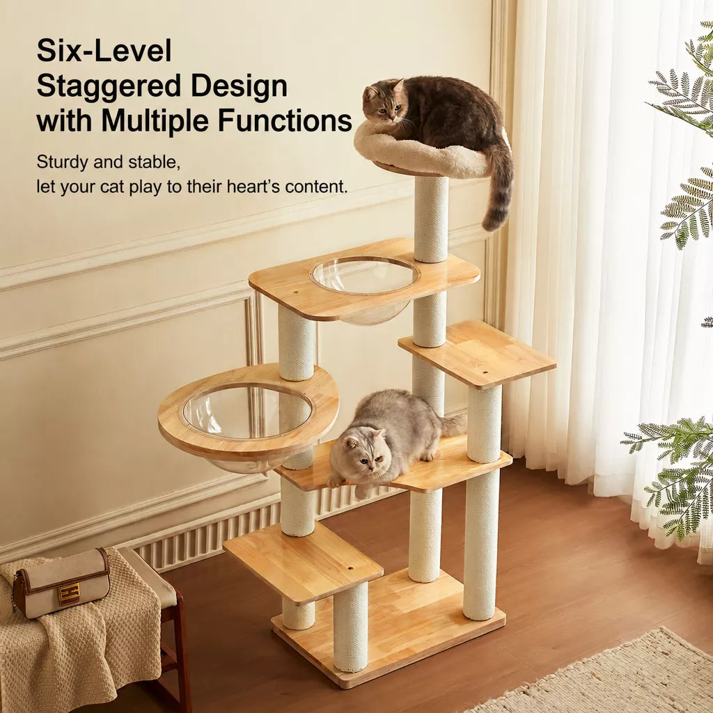 Solid Wood Cat Tree with Scratching Post and Hideaway