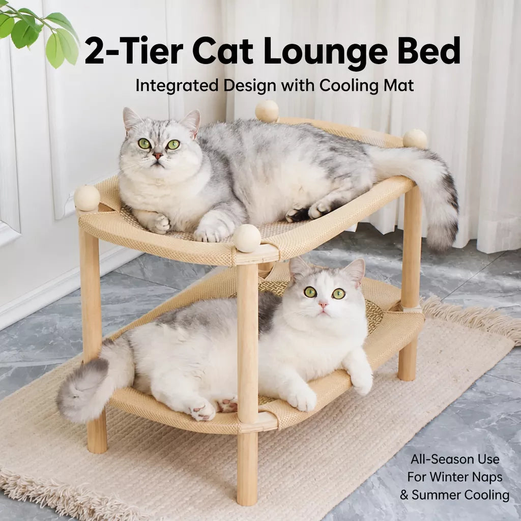 Two-Tier Wooden Cat Bed with Sisal Scratching Mat