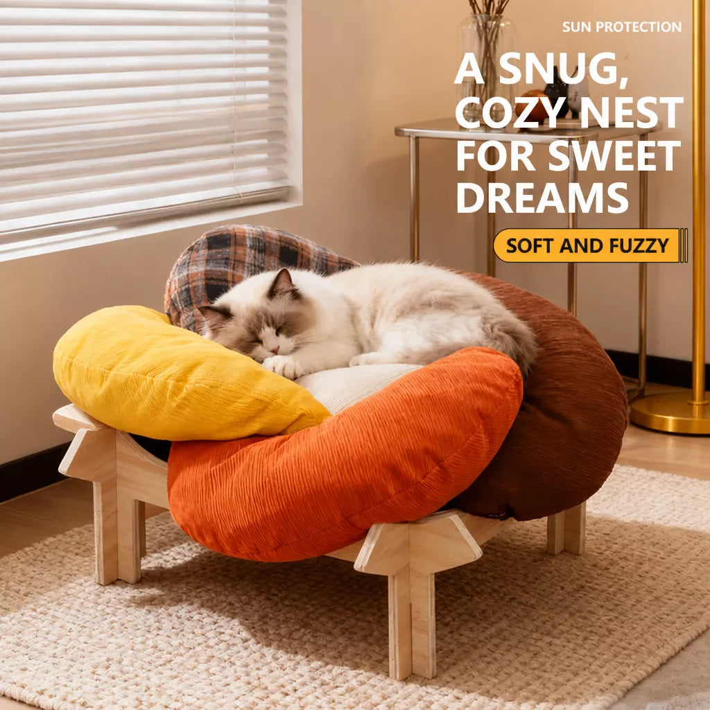 Flower-Shaped Cat & Small Dog Bed with Solid Wood Stand