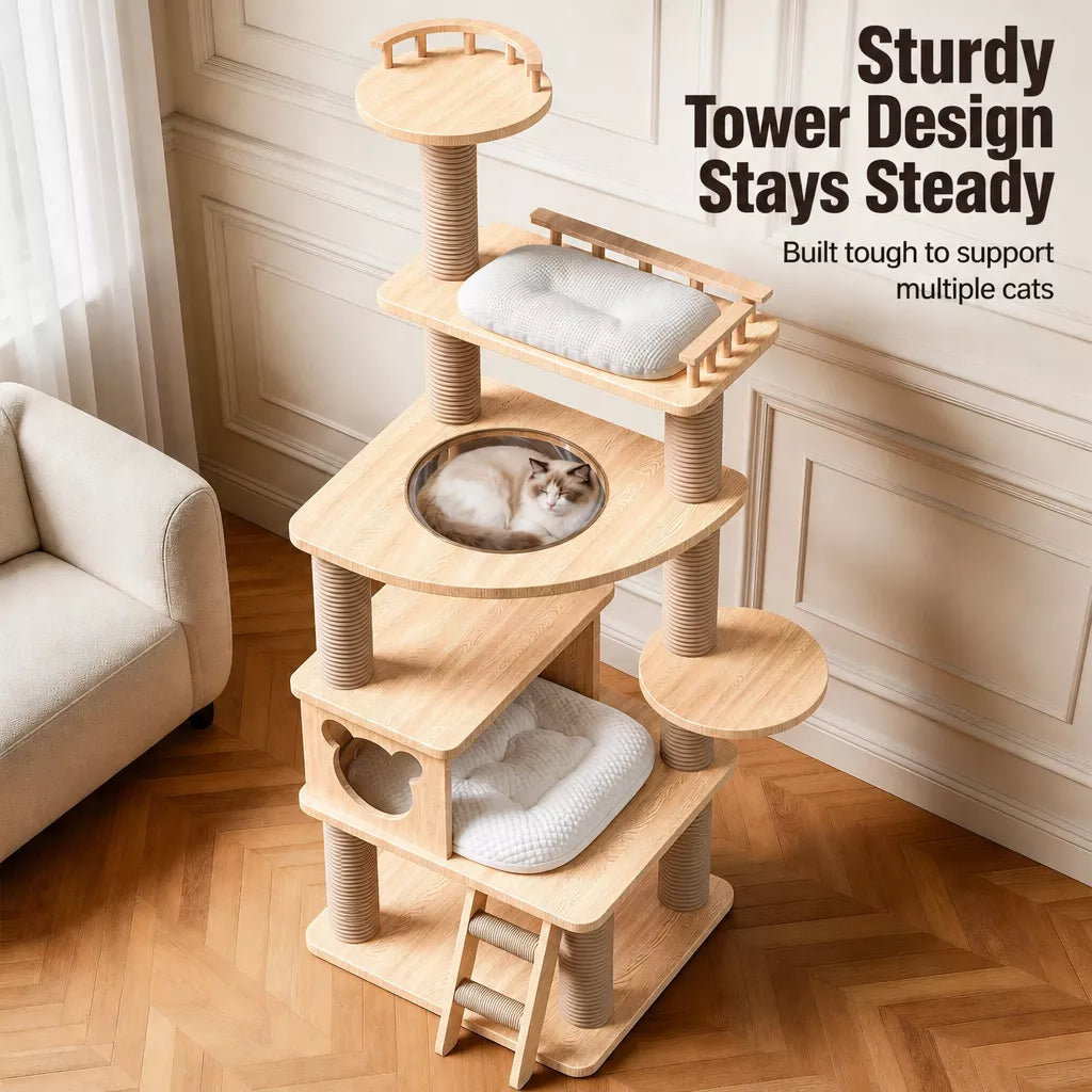 Solid Wood Cat Tree with Hideaways, Perches and a Scratch Toy