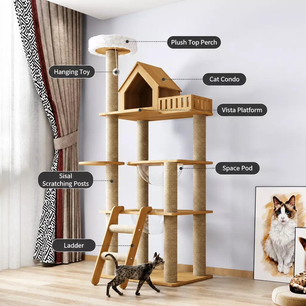 Solid Wood Cat Tree with Hideaway and Scratching Posts