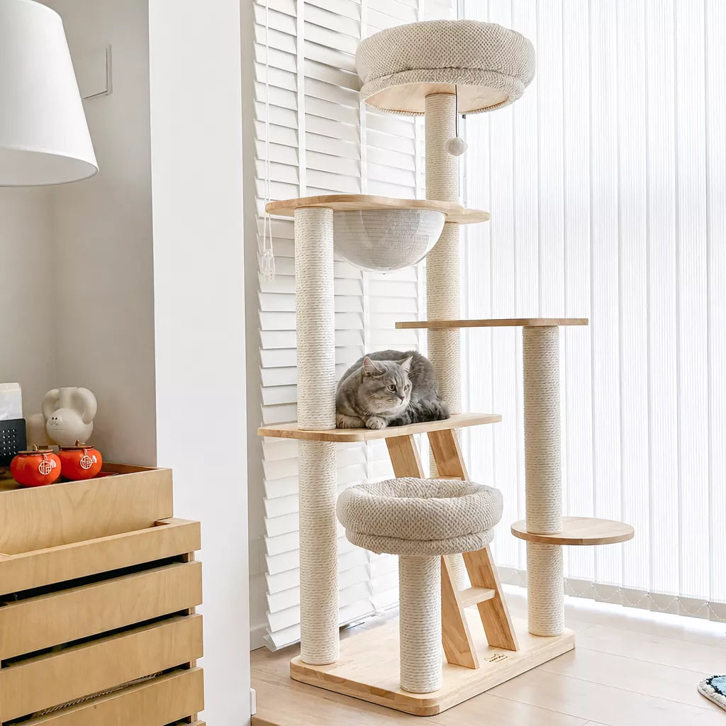 Rubberwood Cat Tree with Enclosed Bed