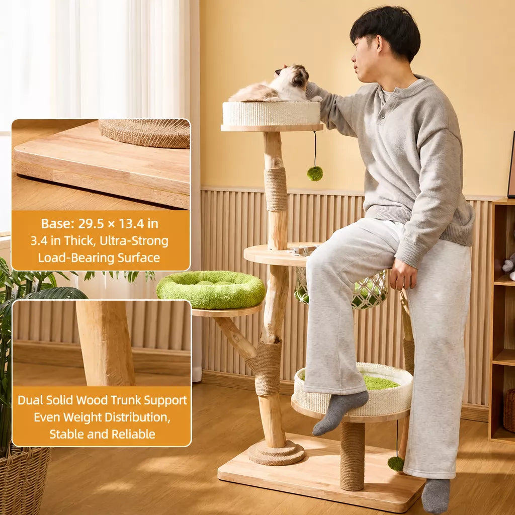 Solid Wood Cat Tree with Cat House and Hanging Basket