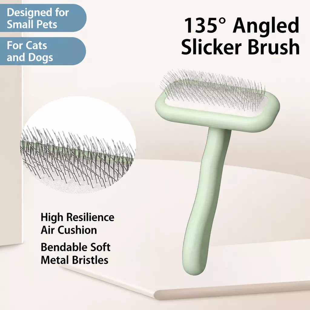 Stainless Steel Curved-Handle Pin Brush for Dogs & Cats