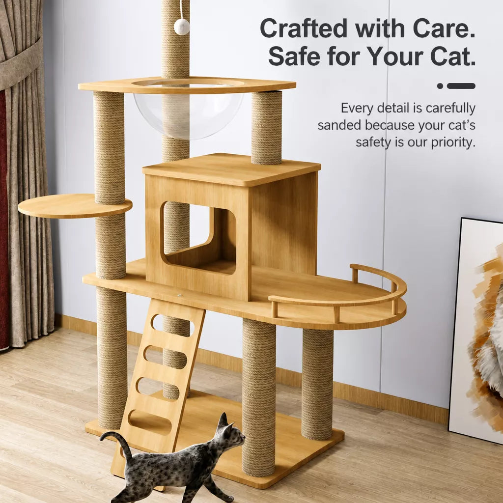 Solid Wood Cat Tree with Hideaway and Scratching Posts