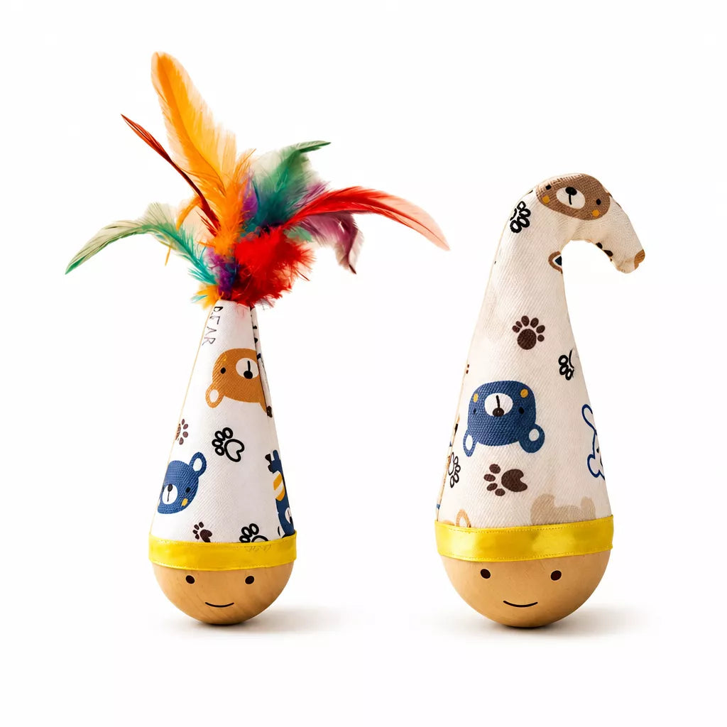Beechwood Wobble Cat Toys with Feather and Twist Designs