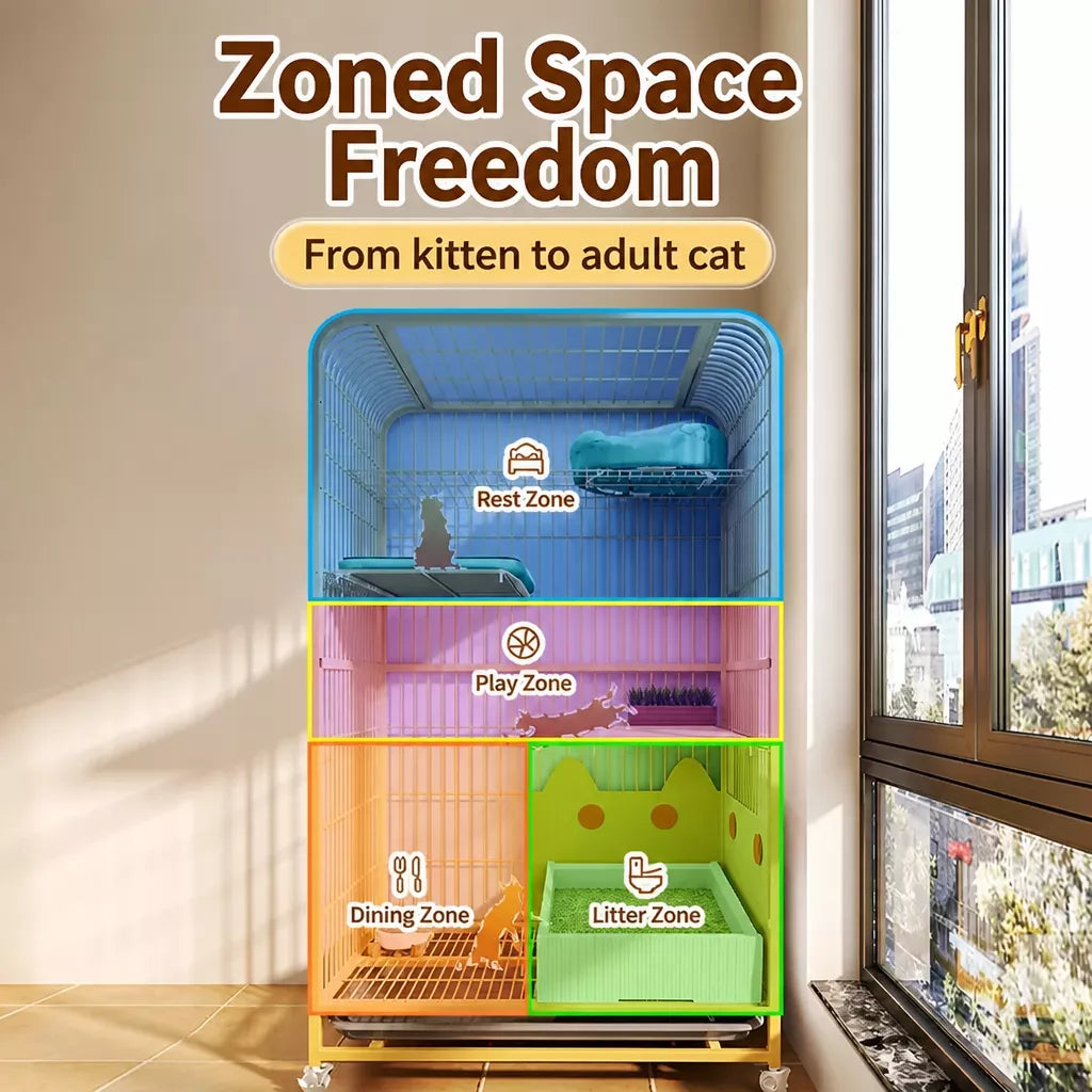 Large Multi-Tier Indoor Cat Enclosure with Litter Box