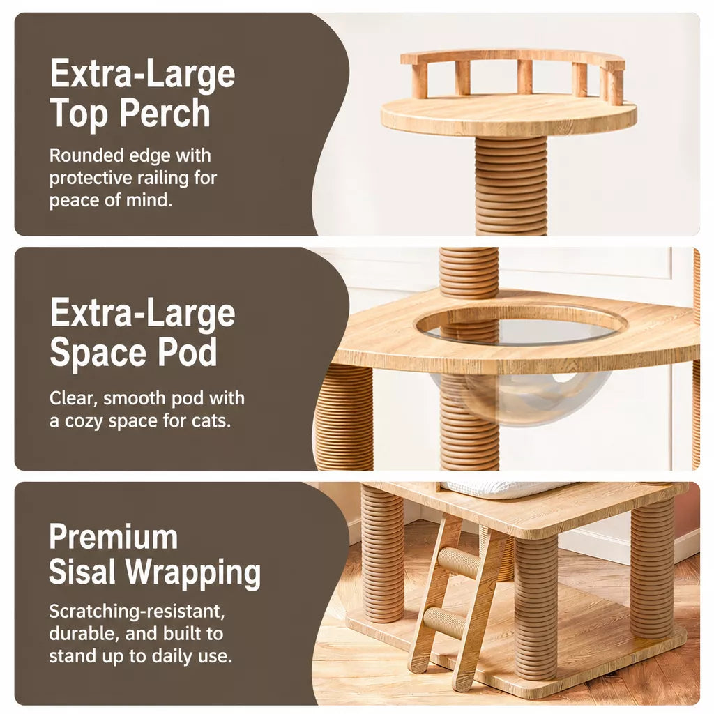 Solid Wood Cat Tree with Hideaways, Perches and a Scratch Toy