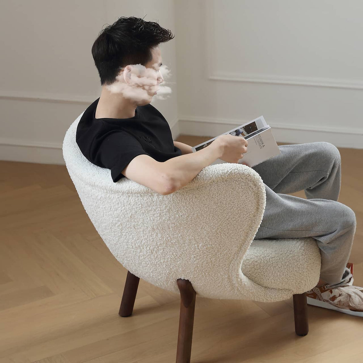 Luxurious White Walnut Wood Chair with Soft Faux Lambswool Upholstery my-361