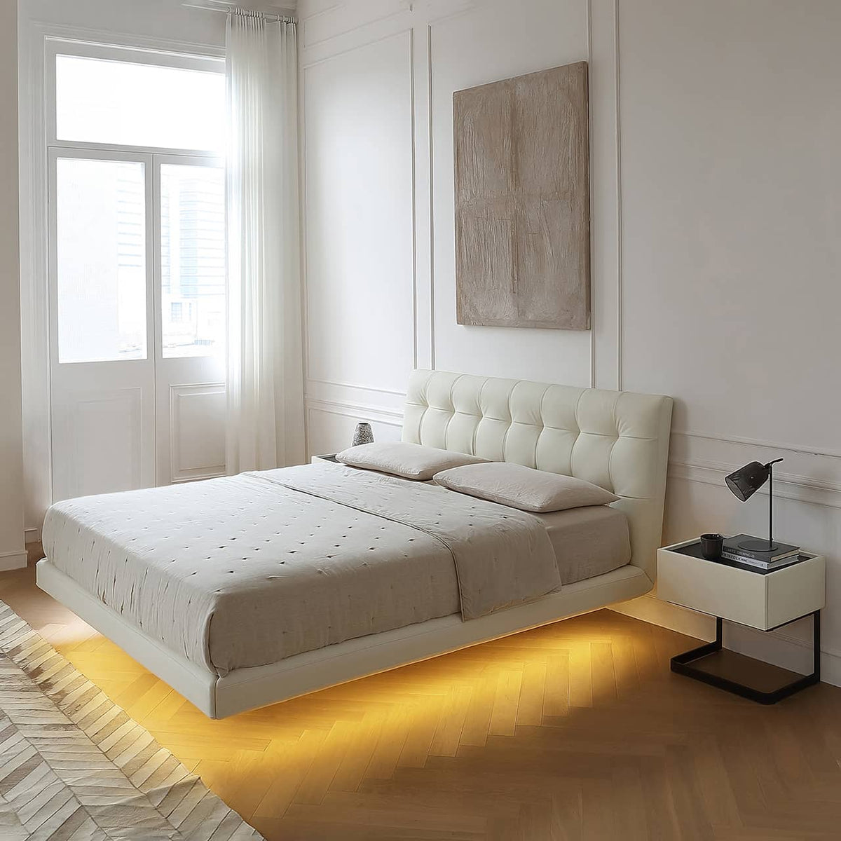 Stylish Bed Frame with Light Brown Pine and Leather Finish my-376