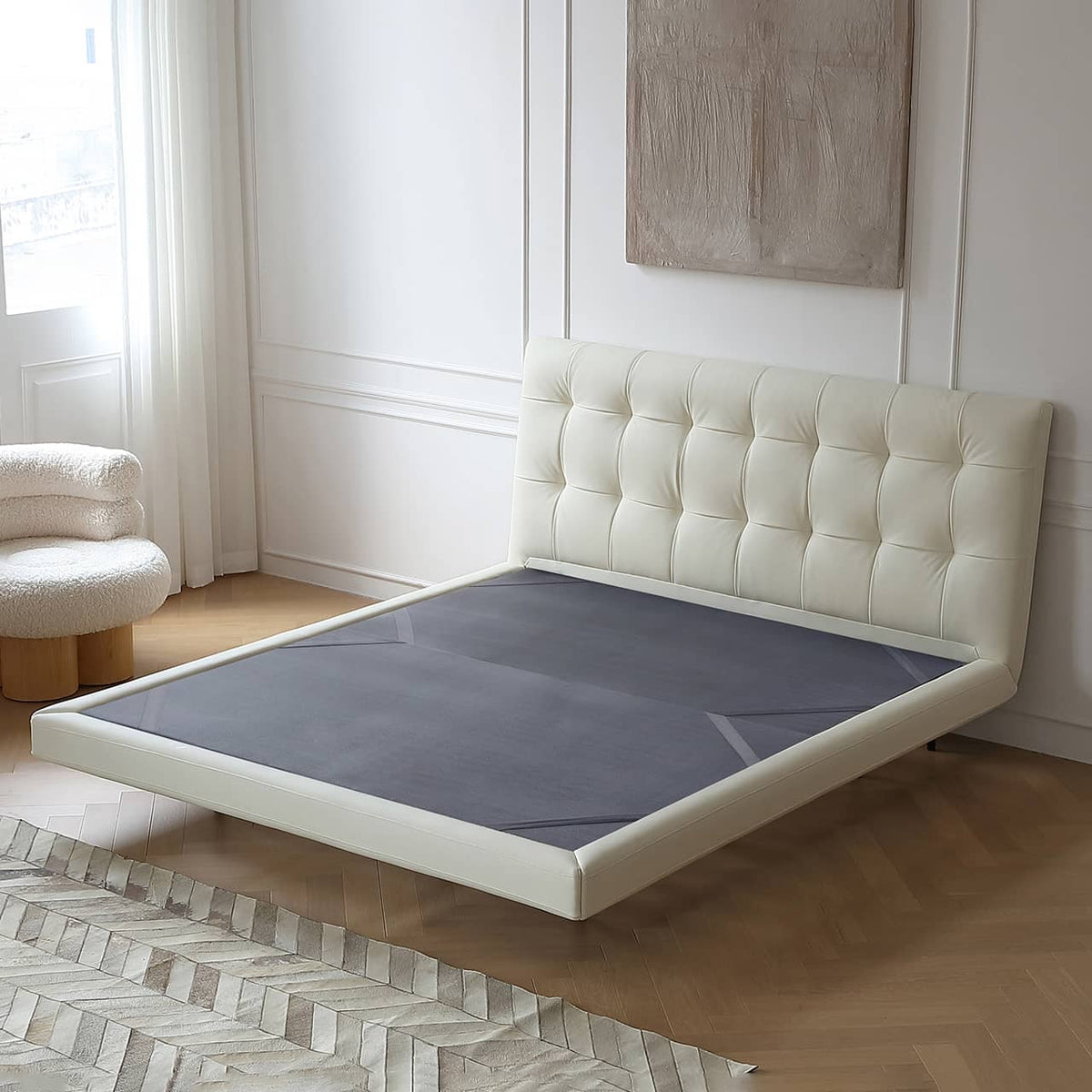 Stylish Bed Frame with Light Brown Pine and Leather Finish my-376