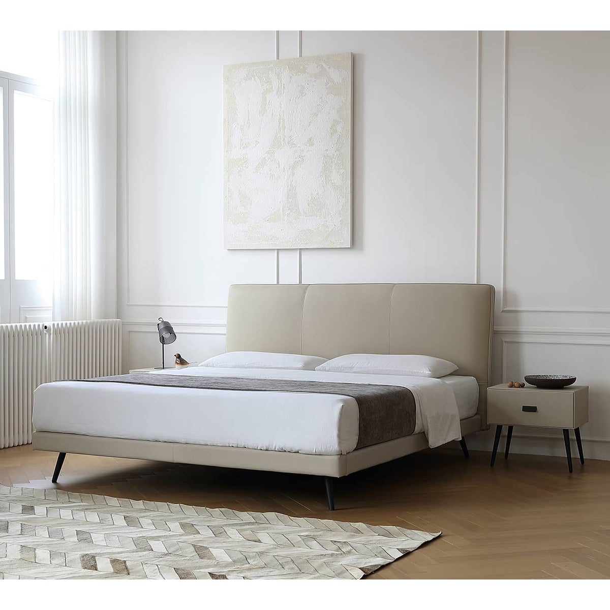 Luxurious Gray Pine Bed with Leather Upholstery and Silky Floss Finish my-379