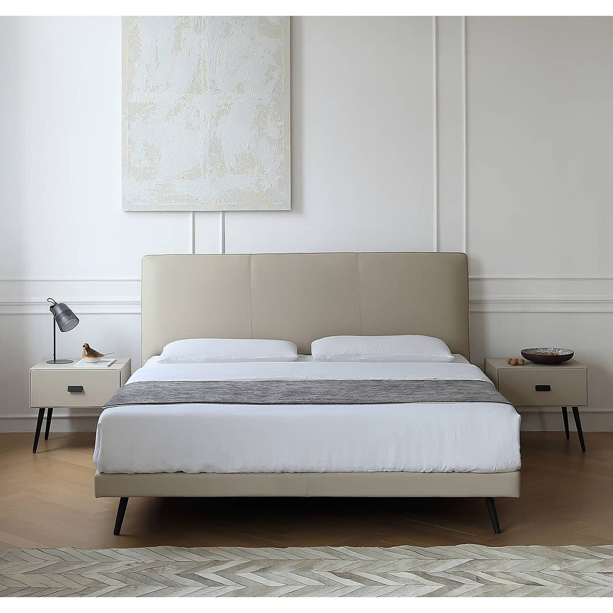 Luxurious Gray Pine Bed with Leather Upholstery and Silky Floss Finish my-379