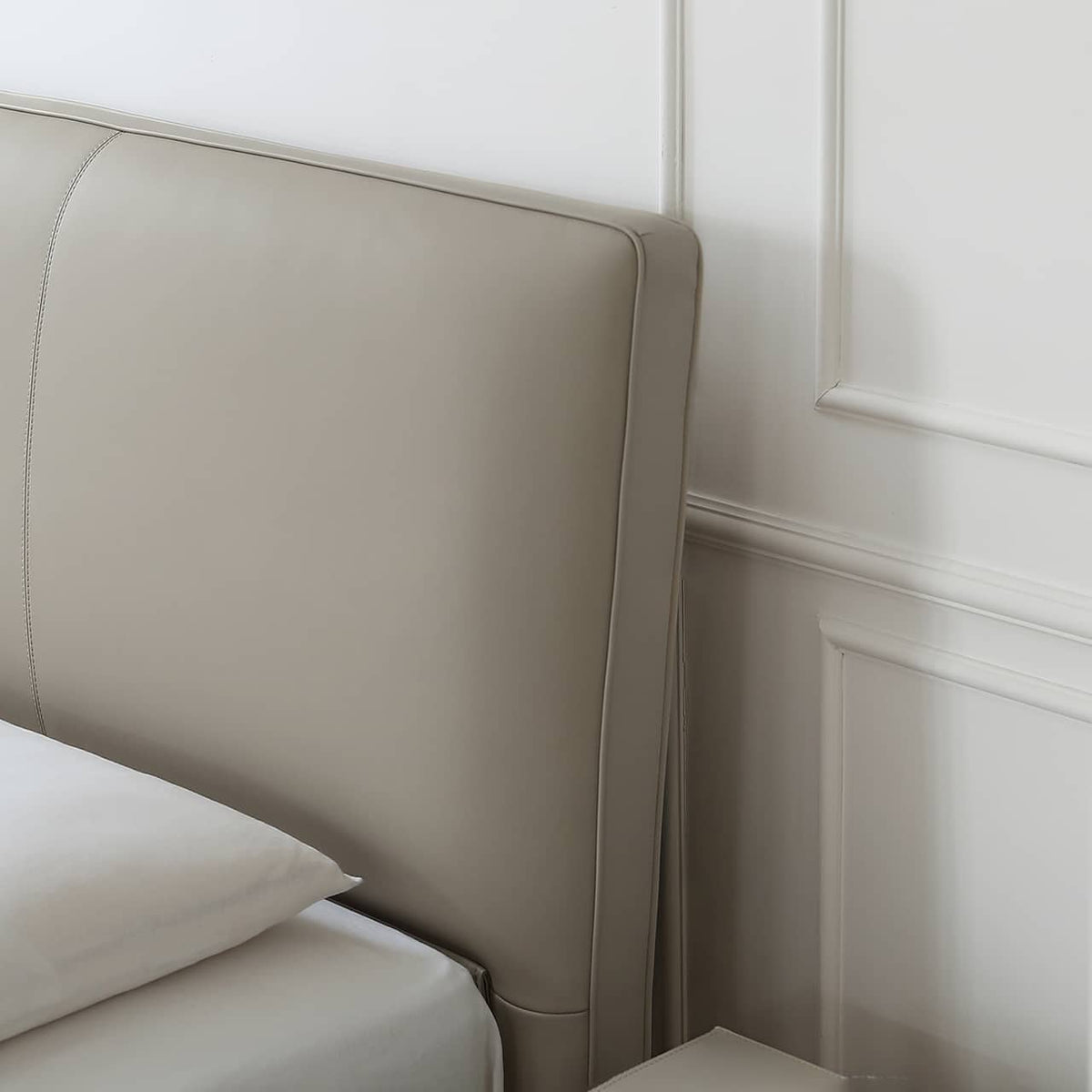 Luxurious Gray Pine Bed with Leather Upholstery and Silky Floss Finish my-379