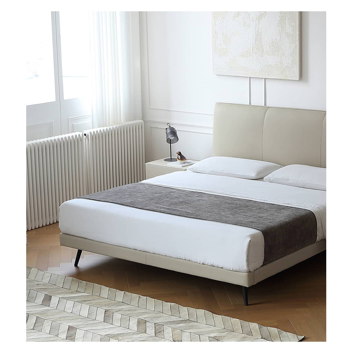 Luxurious Gray Pine Bed with Leather Upholstery and Silky Floss Finish my-379