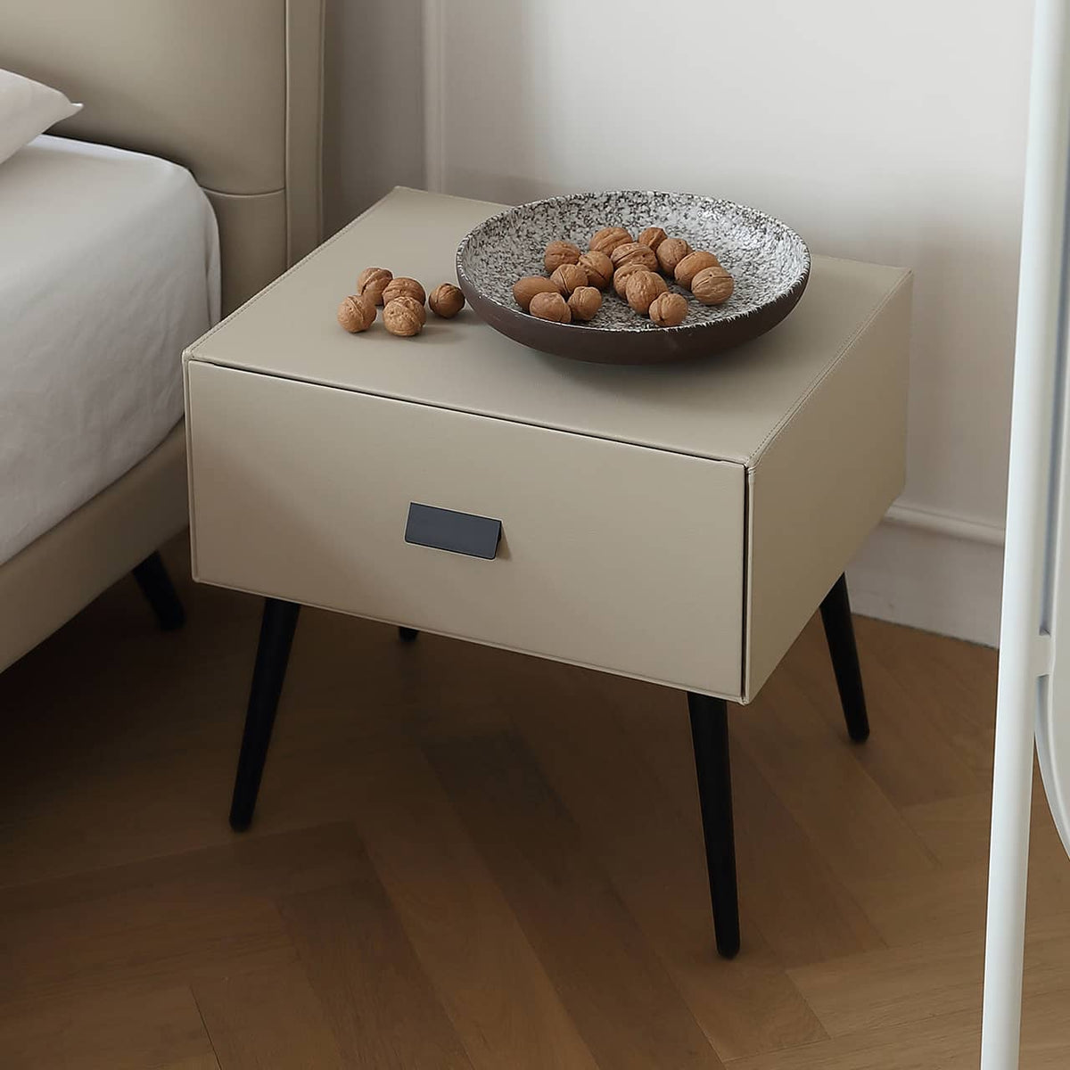 Luxurious Gray Pine Bed with Leather Upholstery and Silky Floss Finish my-379