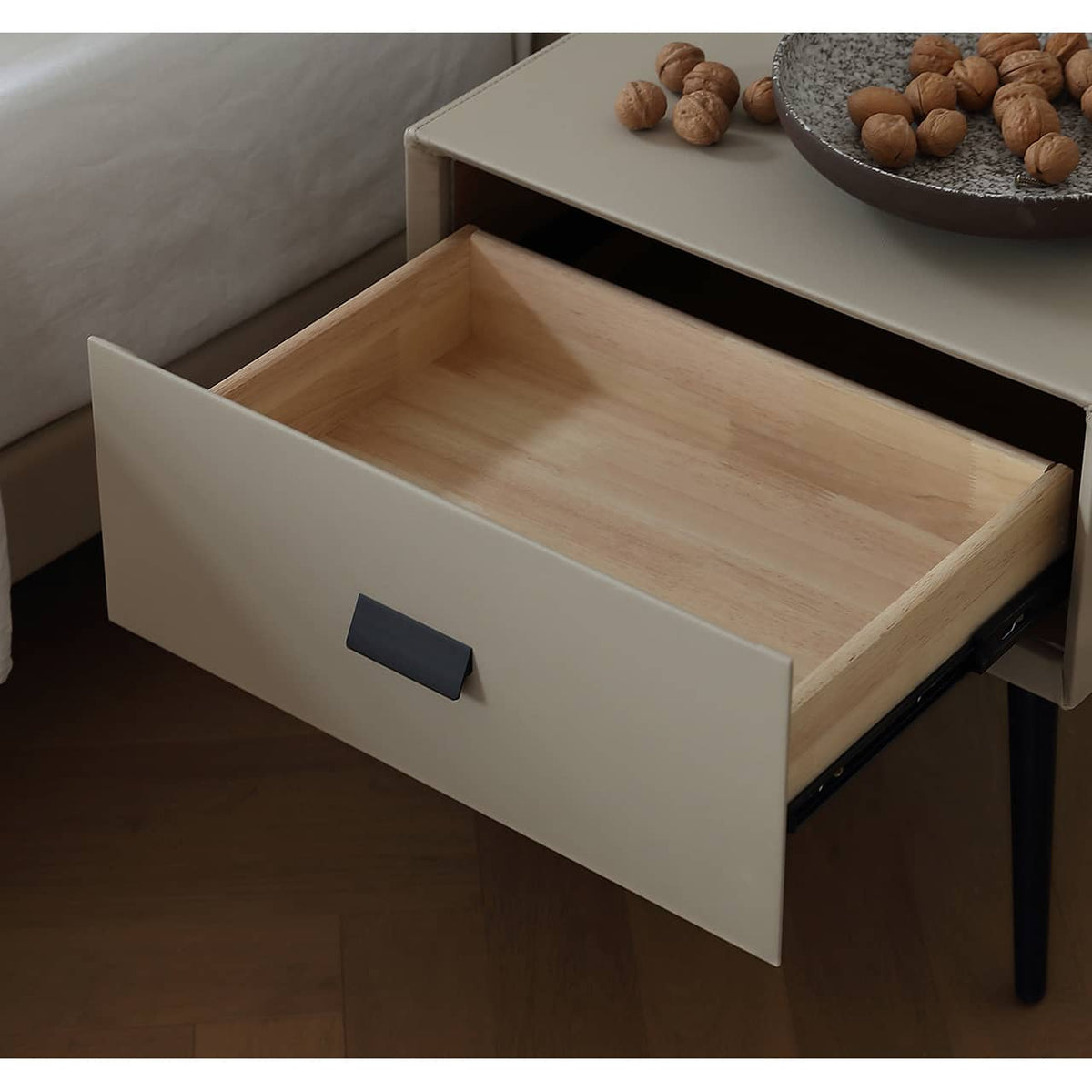 Luxurious Gray Pine Bed with Leather Upholstery and Silky Floss Finish my-379