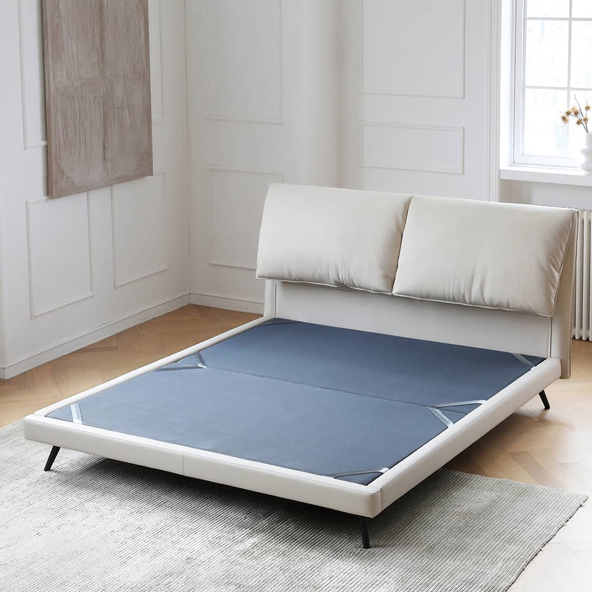 Luxurious Off-White Pine Bed with Premium Leather and Down Upholstery my-380