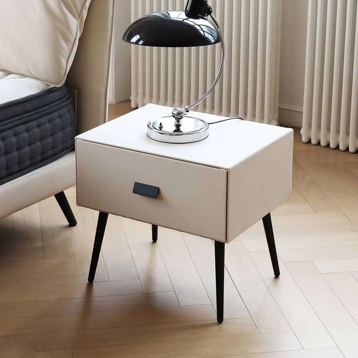 Luxurious Off-White Pine Bed with Premium Leather and Down Upholstery my-380