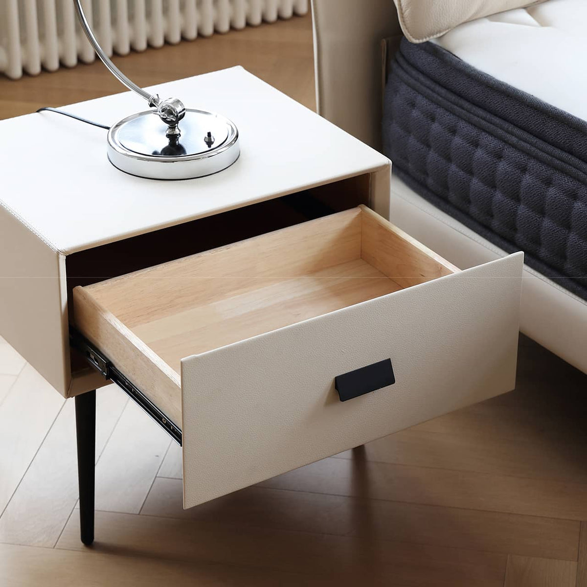 Luxurious Off-White Pine Bed with Premium Leather and Down Upholstery my-380