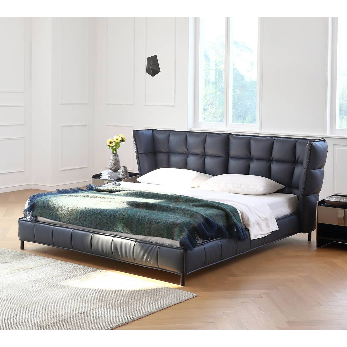 Luxurious Black Pine Bed with Leather Upholstery and Silk Floss Comfort my-381